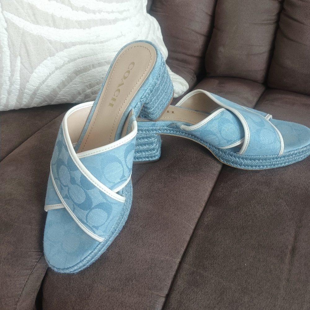 COACH Light Blue Denim Signature Crossover Mules - Picture 2 of 3